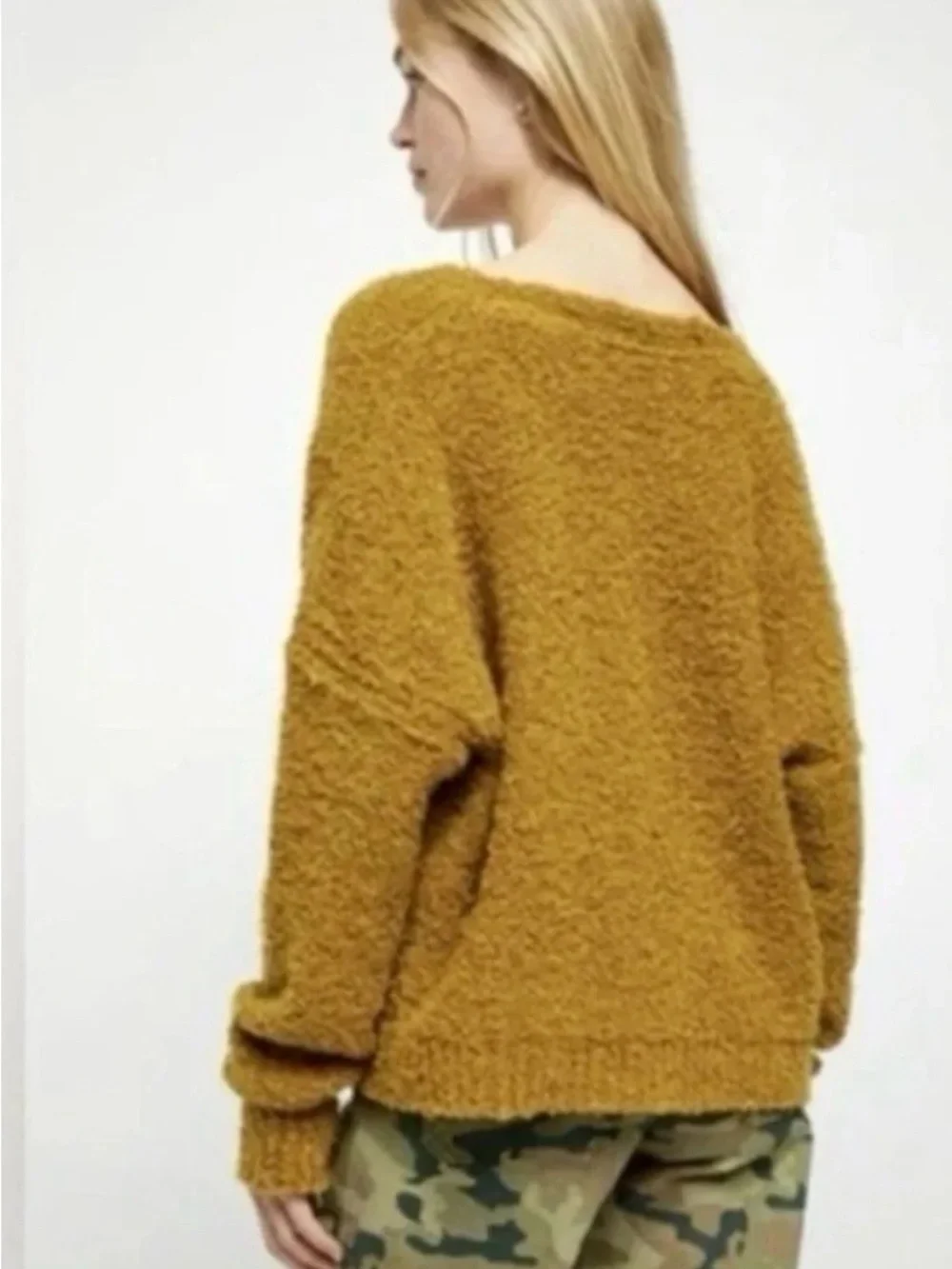 Free People Finders Keepers Bouclé V-Neck Sweater in Athena moss green